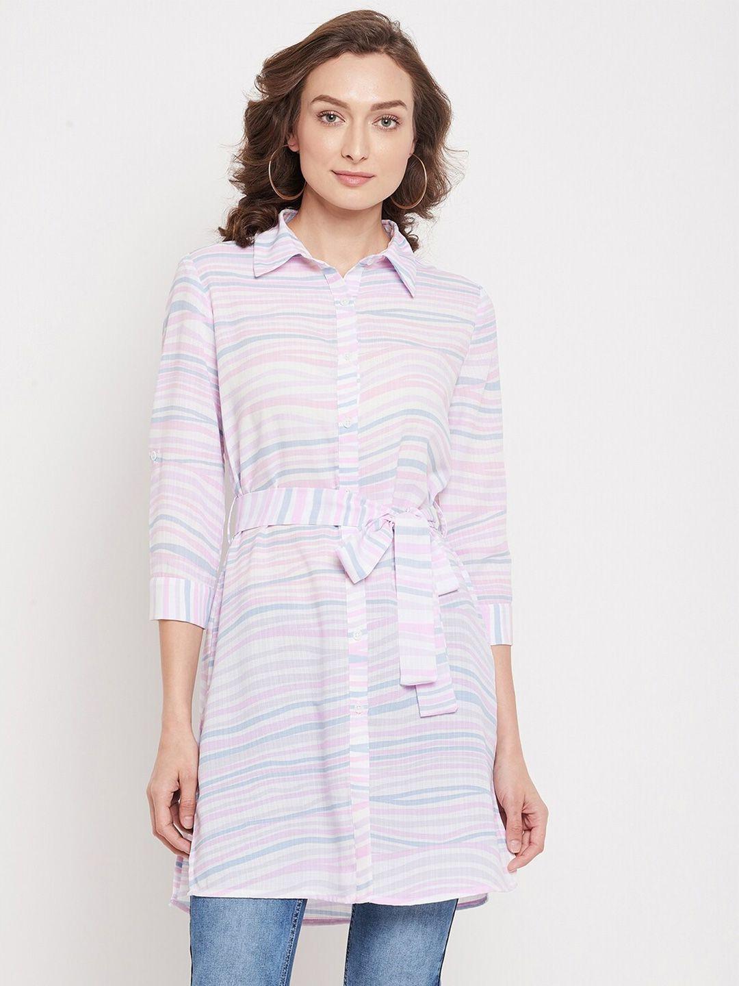 madame women white & pink horizontal stripes striped longline cotton casual shirt