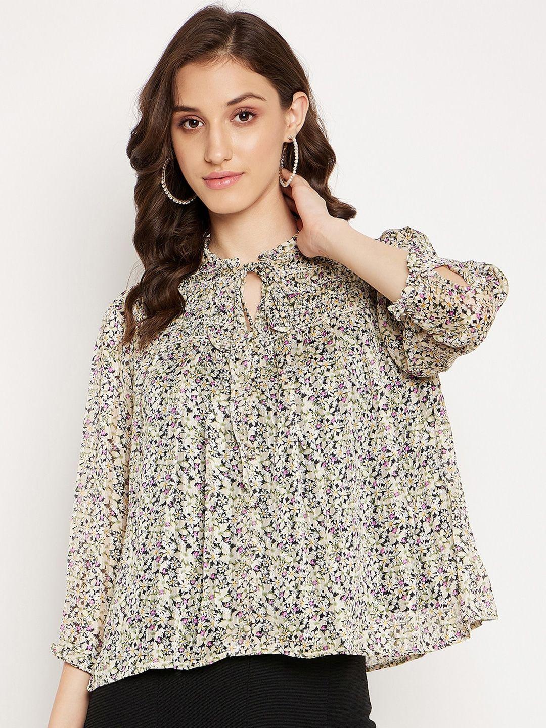 madame \floral printed tie-up neck puff sleeve smocked a-line top