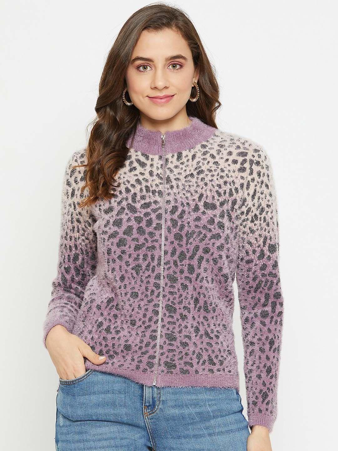 madame animal printed mock collar acrylic cardigan