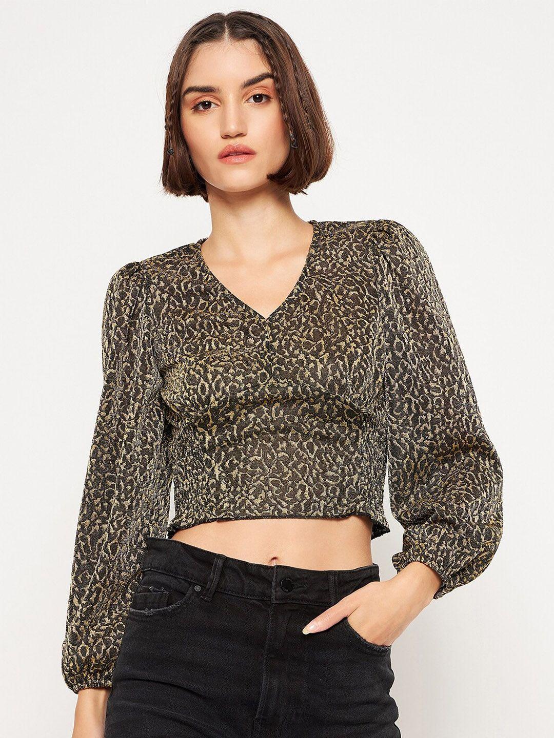 madame animal printed puff sleeve crop top