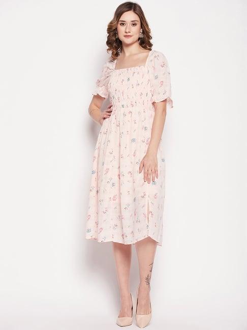 madame baby pink printed fit & flare dress