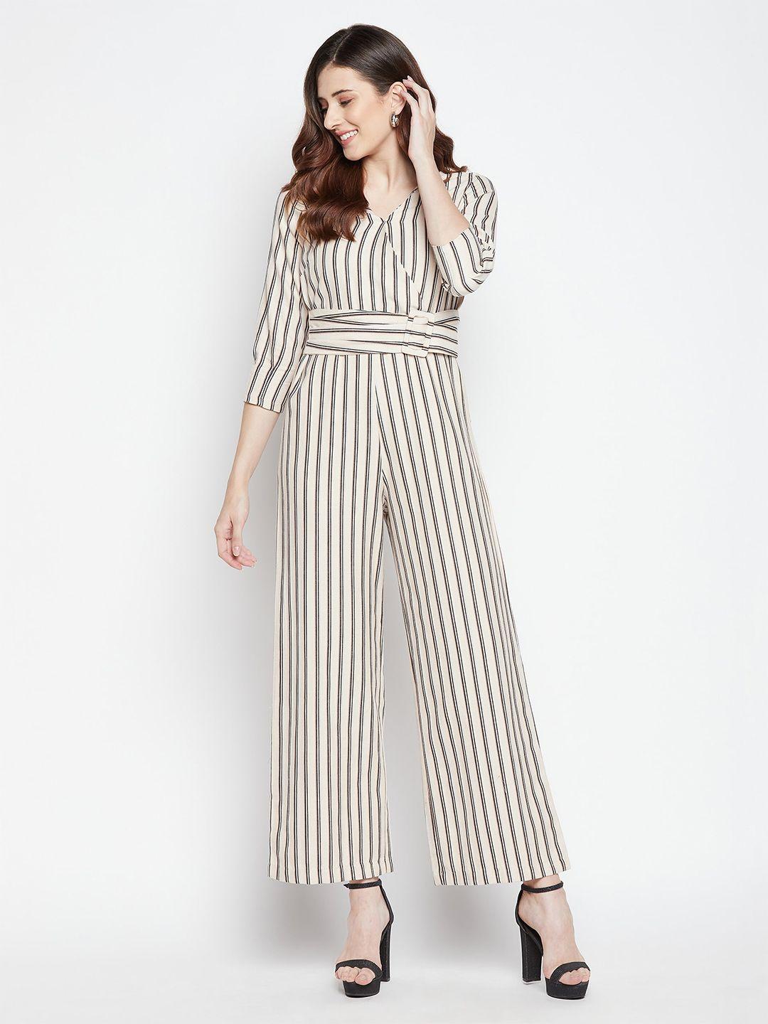 madame beige & black striped basic jumpsuit