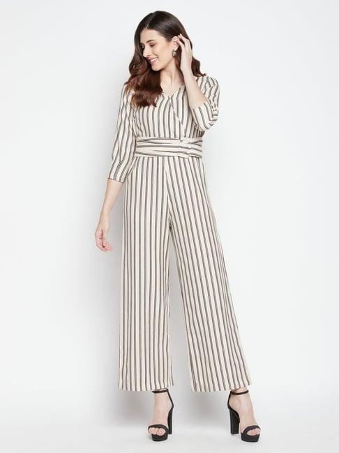 madame beige cotton striped jumpsuit