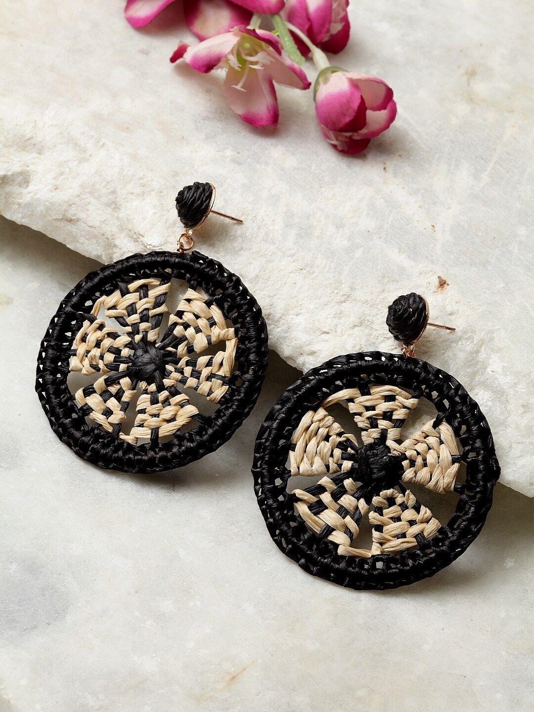 madame black & beige rose gold-plated handcrafted circular drop earrings