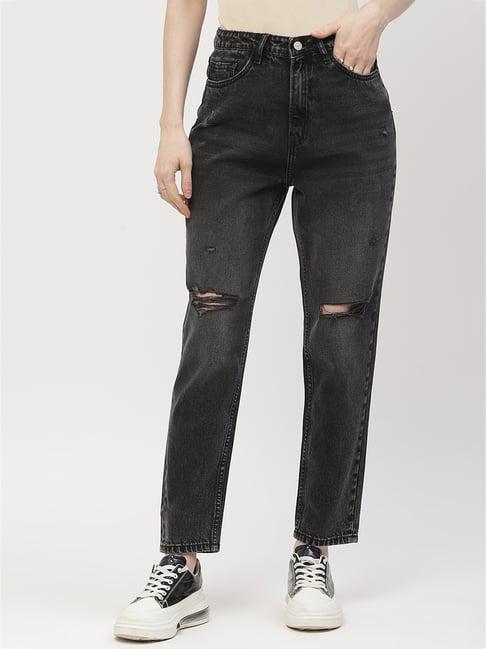 madame black cotton distressed regular fit mid rise jeans