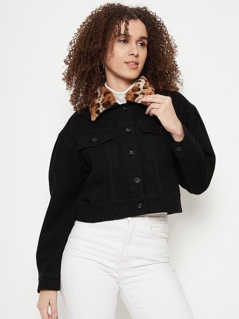 madame black cotton regular fit cropped jacket