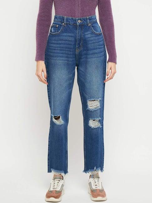 madame blue cotton mid rise distressed jeans