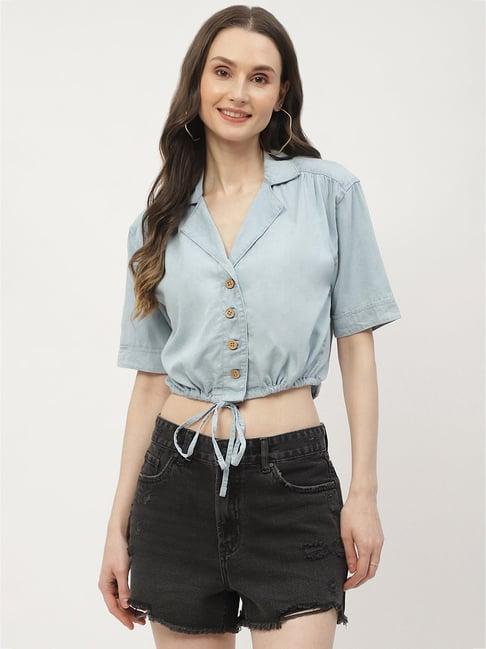 madame blue cotton regular fit crop shirt