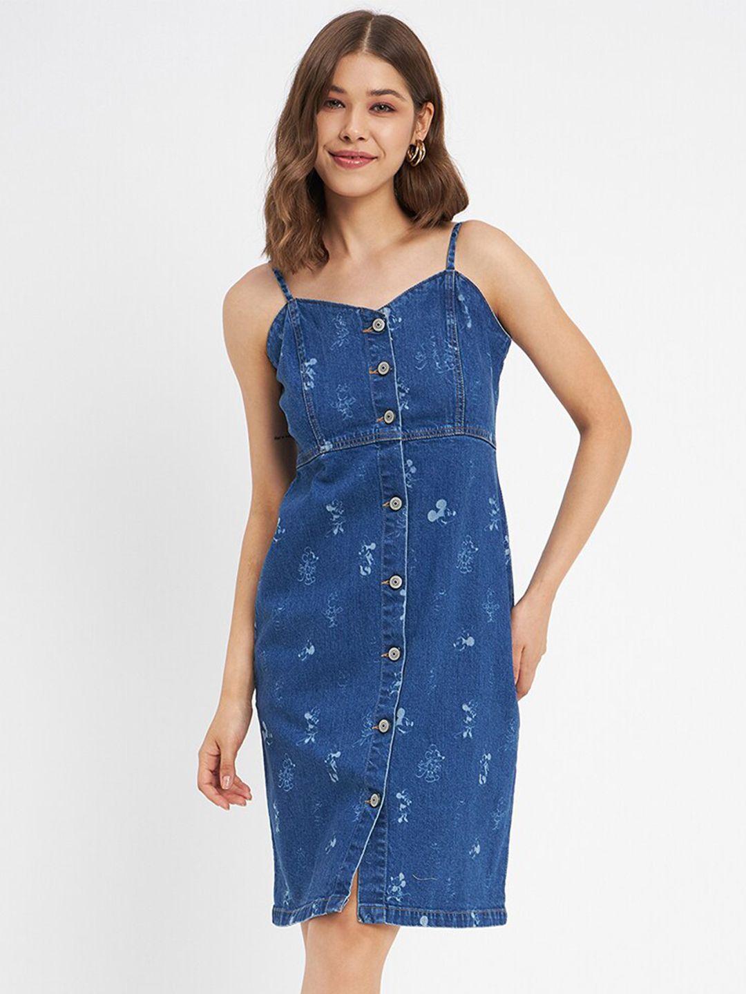 madame blue floral print denim sheath dress
