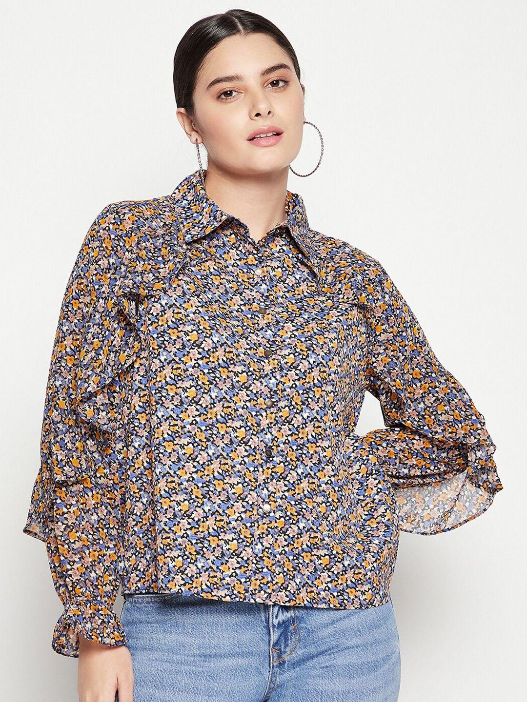 madame blue floral print satin shirt style top