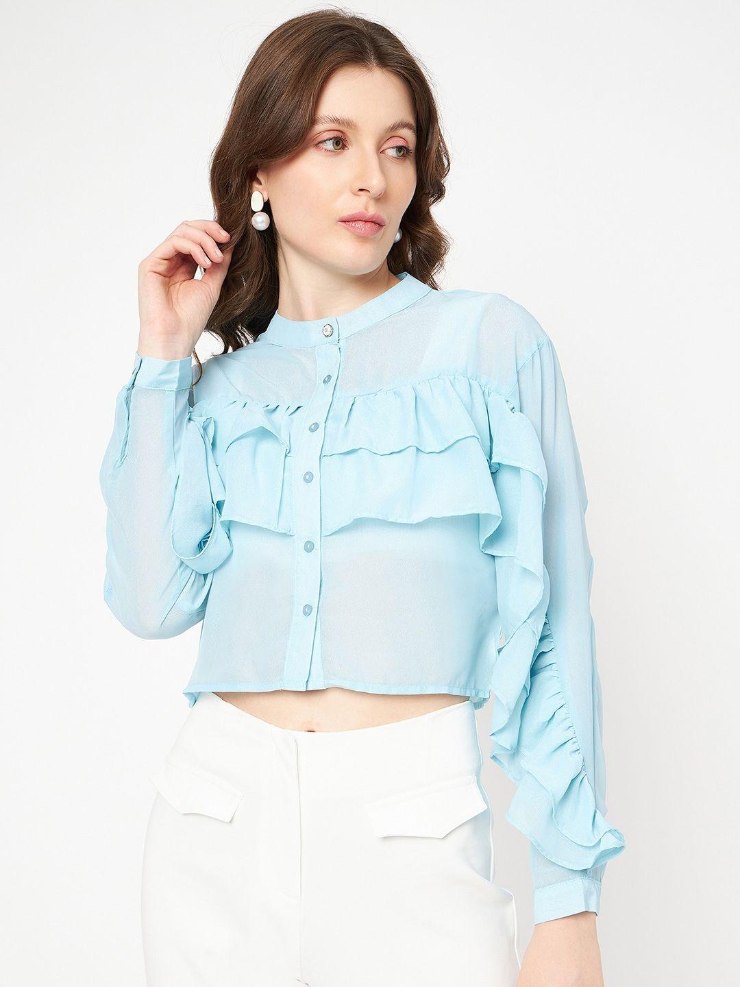 madame blue mandarin collar shirt style crop top