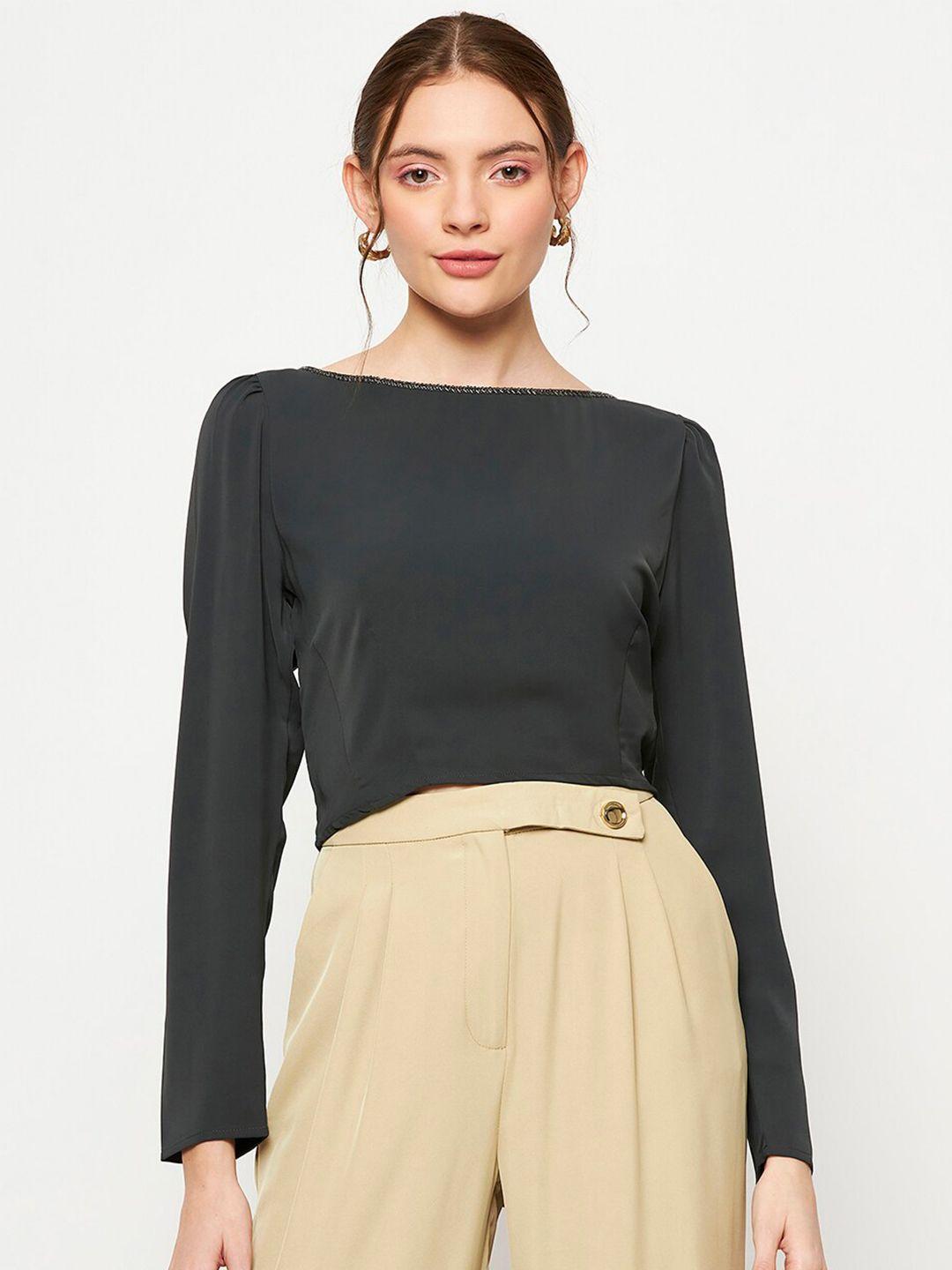 madame boat neck puff sleeves tie-up detailed crop top