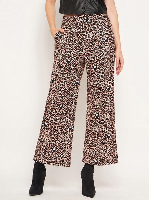 madame brown & black animal print regular fit mid rise trousers