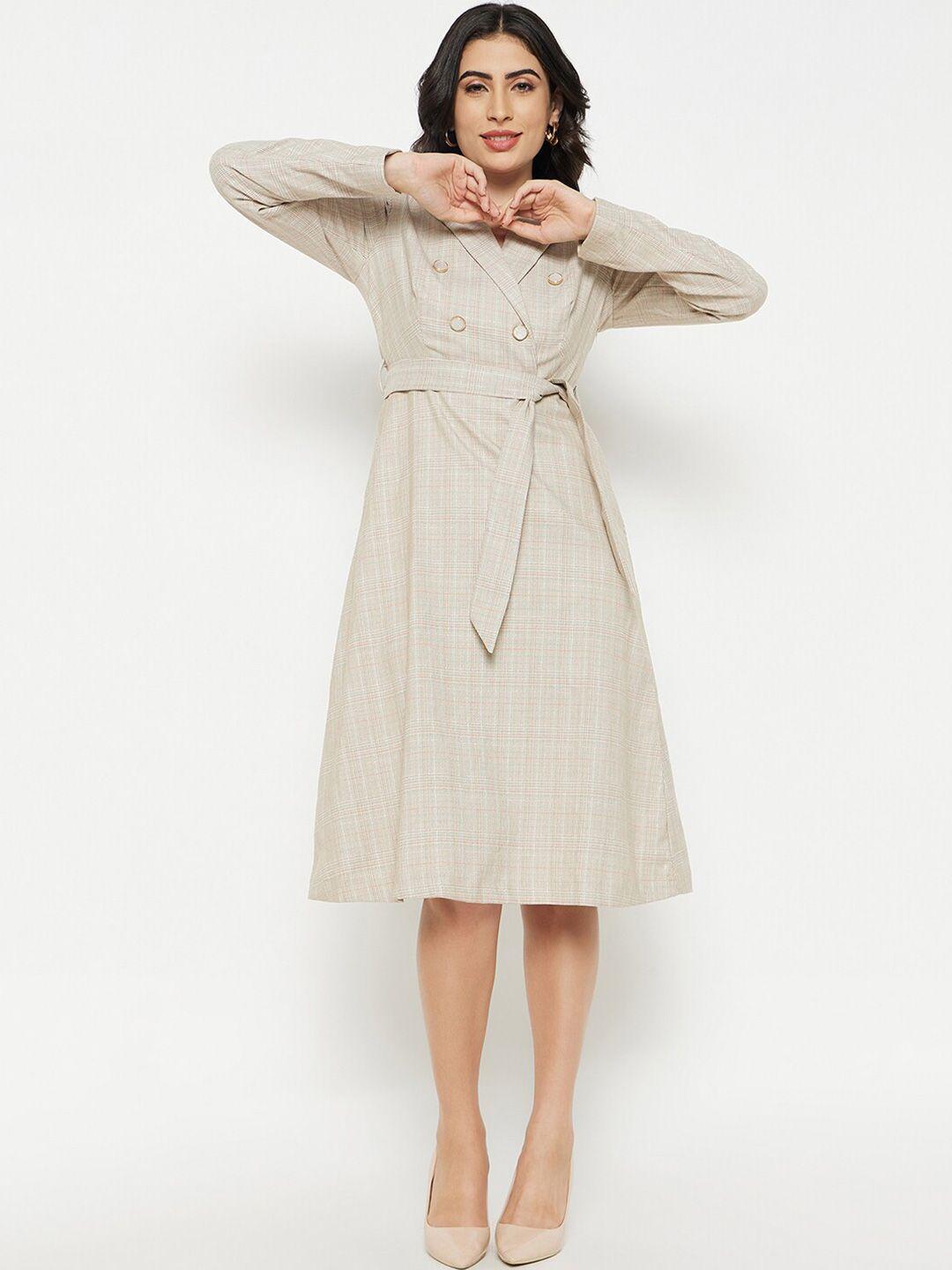 madame checked lapel collar long sleeve belted shirt dress