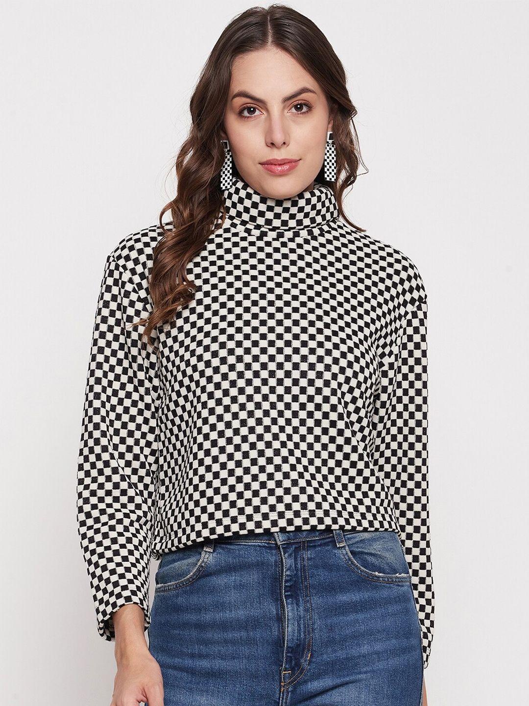 madame checked print turtle neck drop-shoulder sleeves boxy top