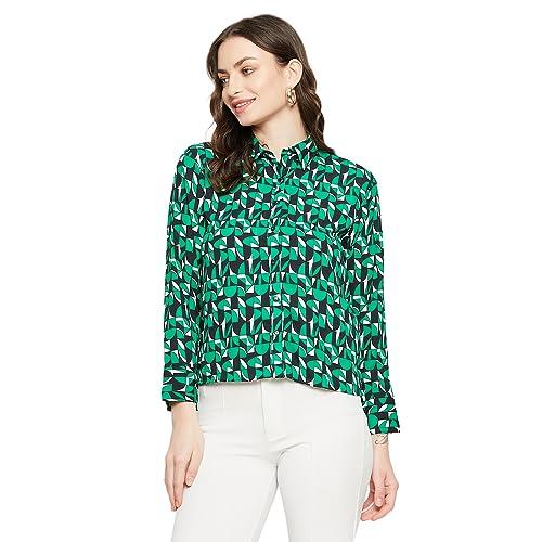 madame collar neck full sleeve solid green shirts for women