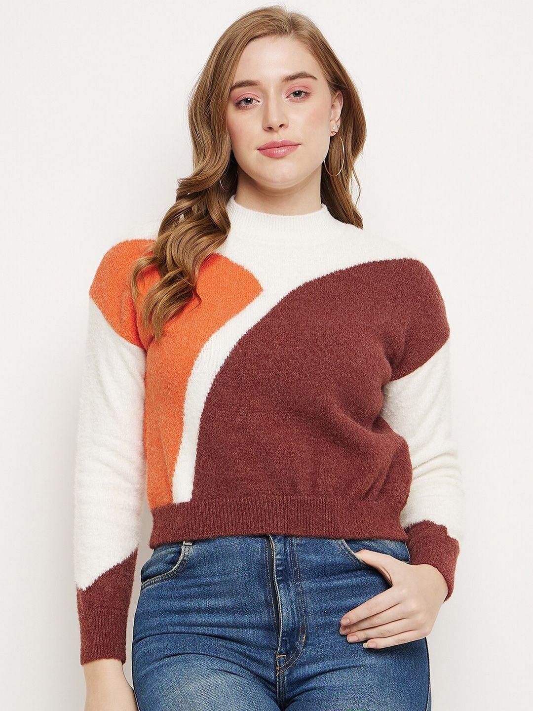 madame colourblocked high neck acrylic crop pullover sweater