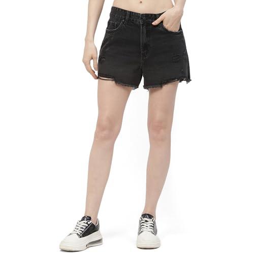 madame distressed hem black denim shorts