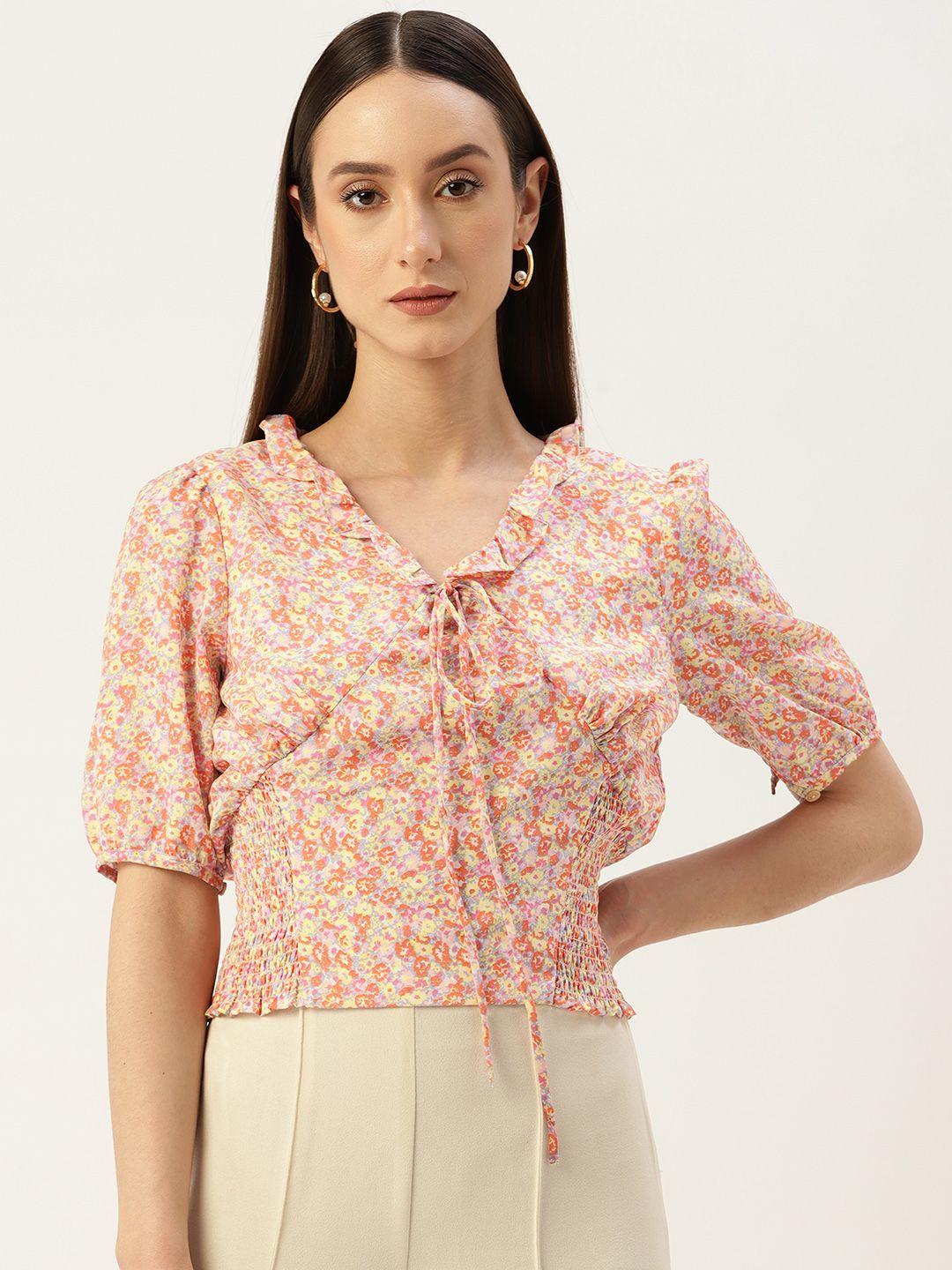 madame floral print ruffles smocked cinched waist top