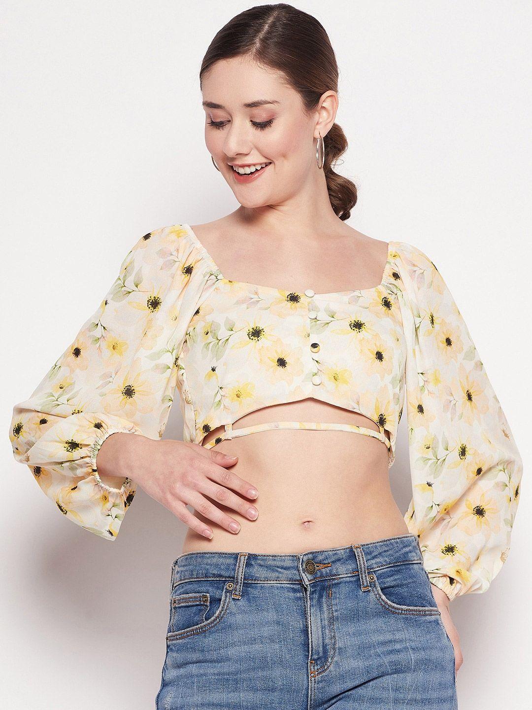 madame floral printed square neck puff sleeves crop top