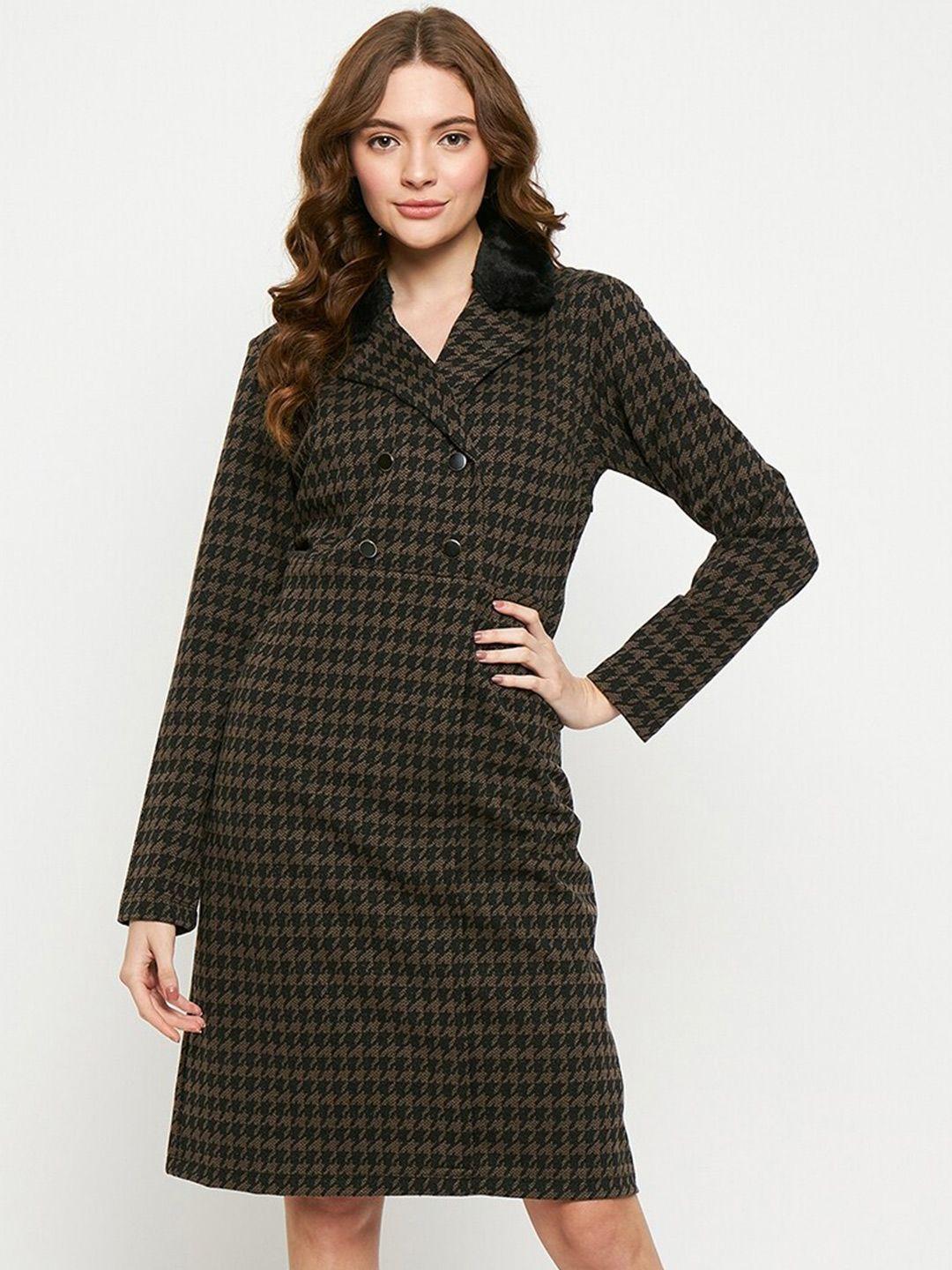 madame geometric printed lapel collar long sleeves a-line dress