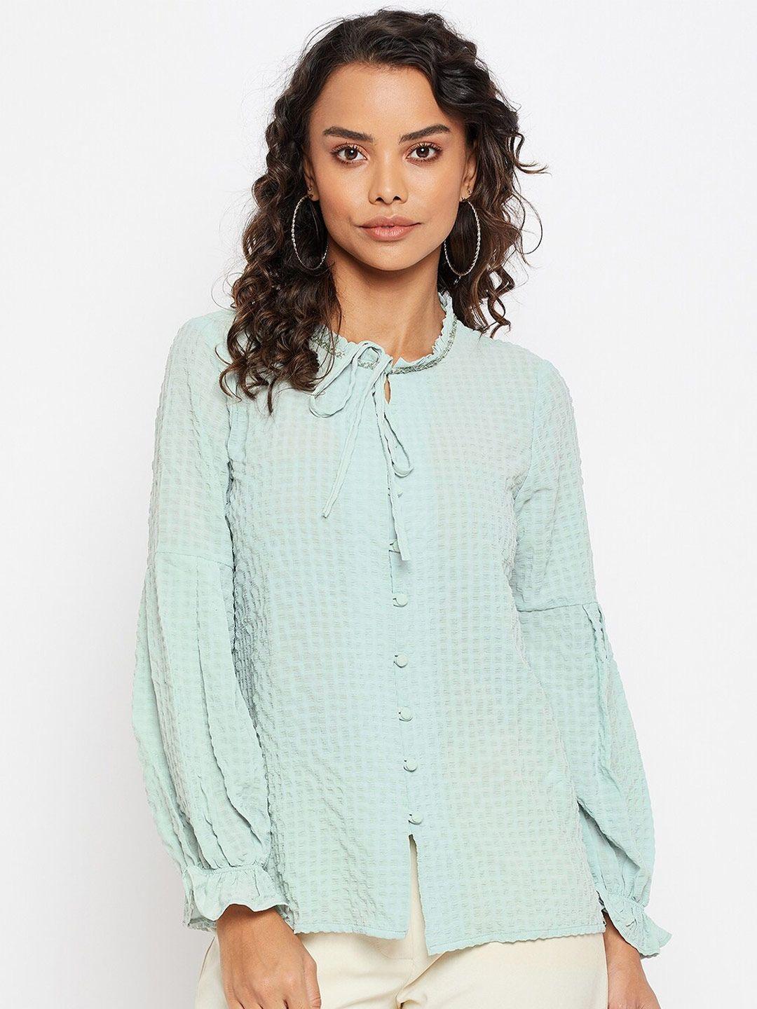 madame green tie-up neck shirt style top