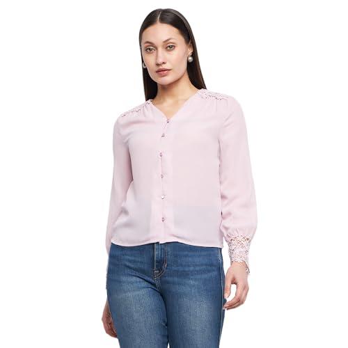 madame lace detailed onion pink v-neck shirt