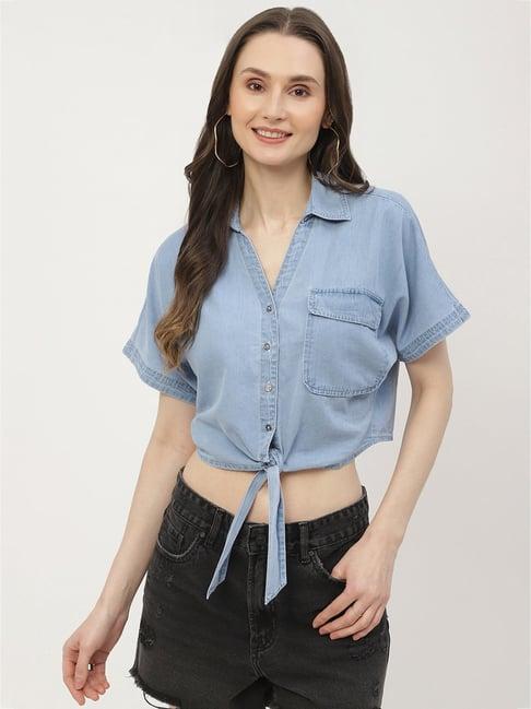 madame light blue cotton regular fit crop shirt