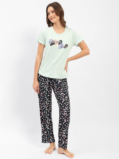 madame m secret black & green graphic print t-shirt with pyjamas