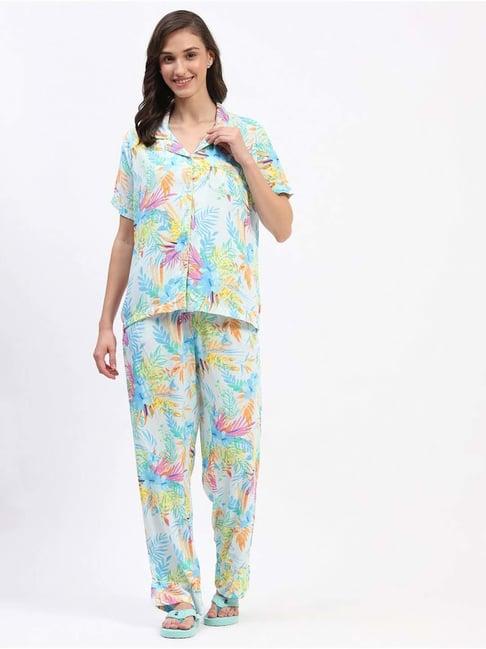 madame m secret blue printed shirt pyjamas set