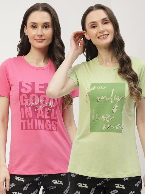 madame m secret mint green & pink graphic print t-shirt (pack of 2)