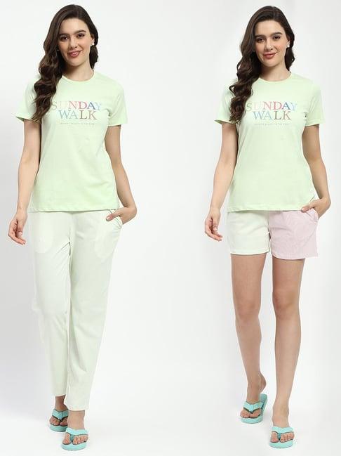 madame m secret mint green cotton graphic print t-shirt with pyjamas & shorts