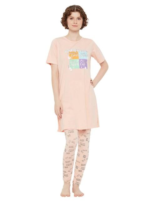 madame m secret peach graphic print long t-shirt with pyjamas