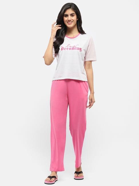 madame m secret pink & white cotton graphic print t-shirt with pyjamas