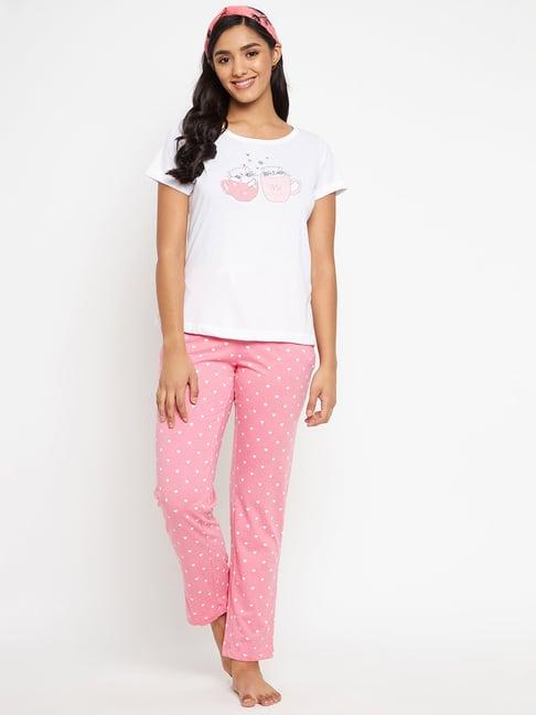 madame m secret pink & white cotton printed t-shirt with pyjamas