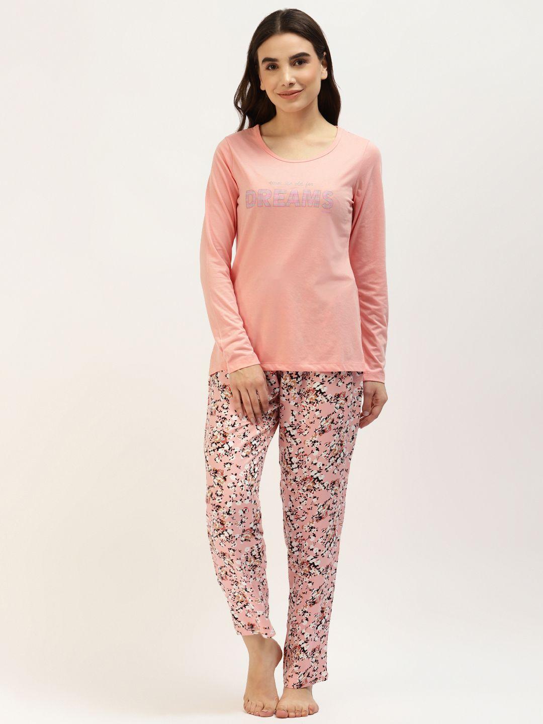 madame m secret women peach-coloured & black printed pyjama set