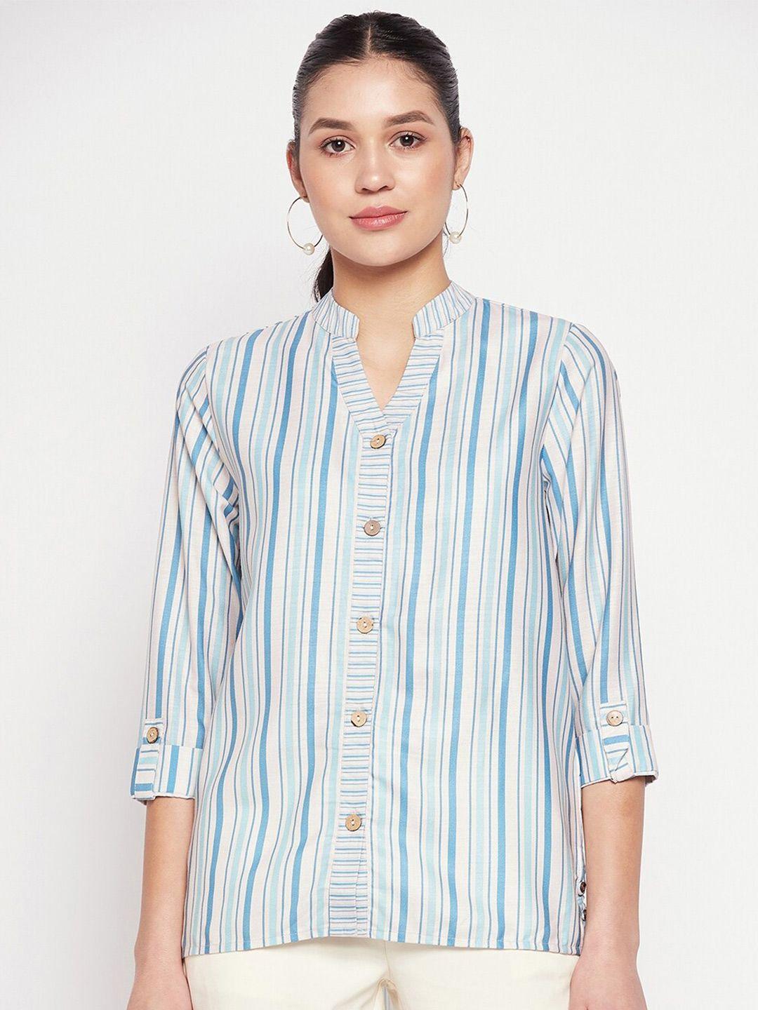 madame mandarin collar roll-up sleeves striped shirt style top