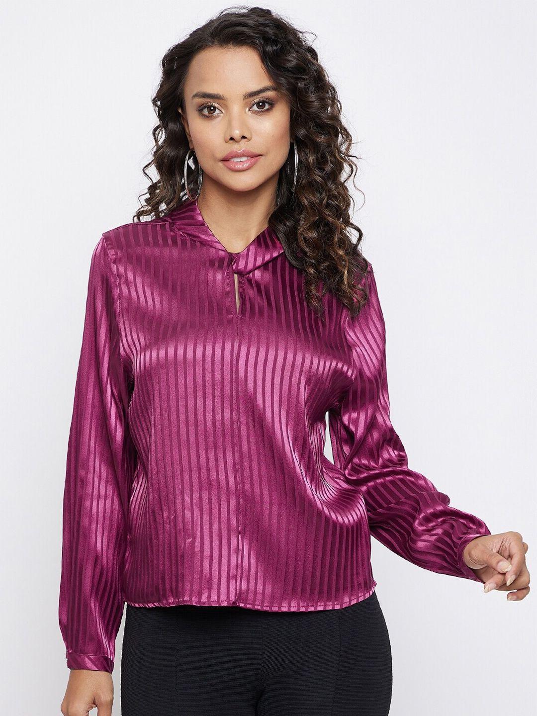 madame maroon striped tie-up neck shirt style top