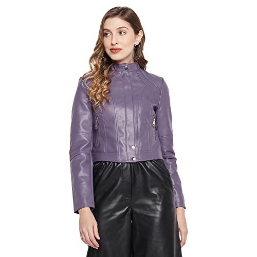 madame mock neck purple pu leather jacket