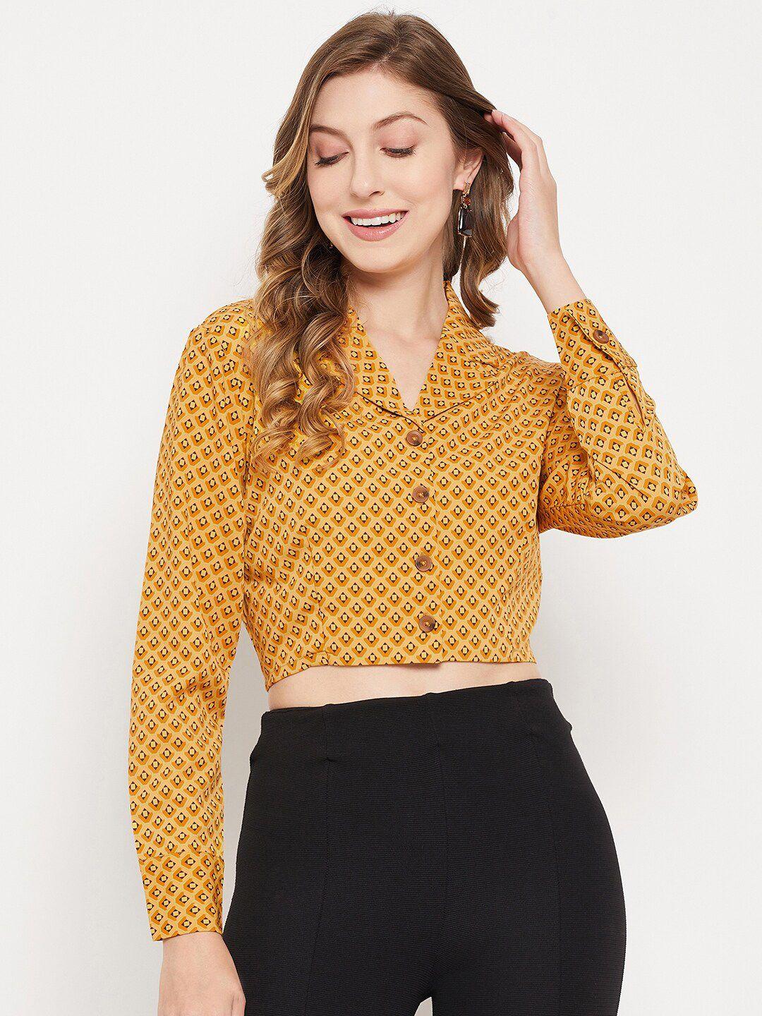 madame mustard yellow geometric print shirt style crop top