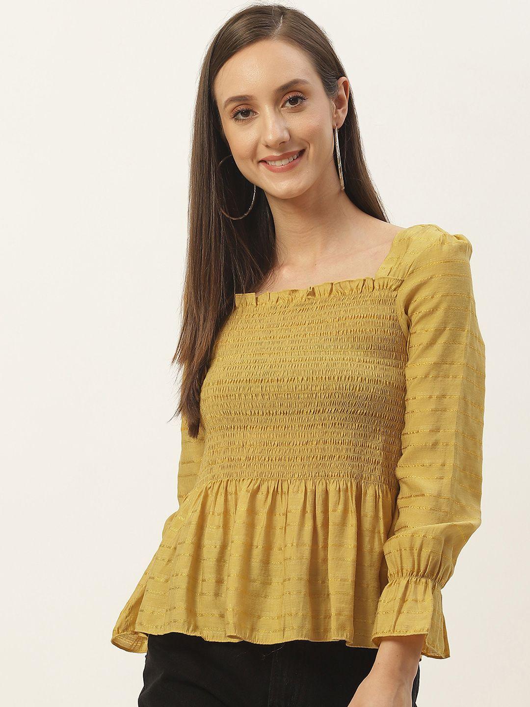 madame mustard yellow striped smocked peplum top