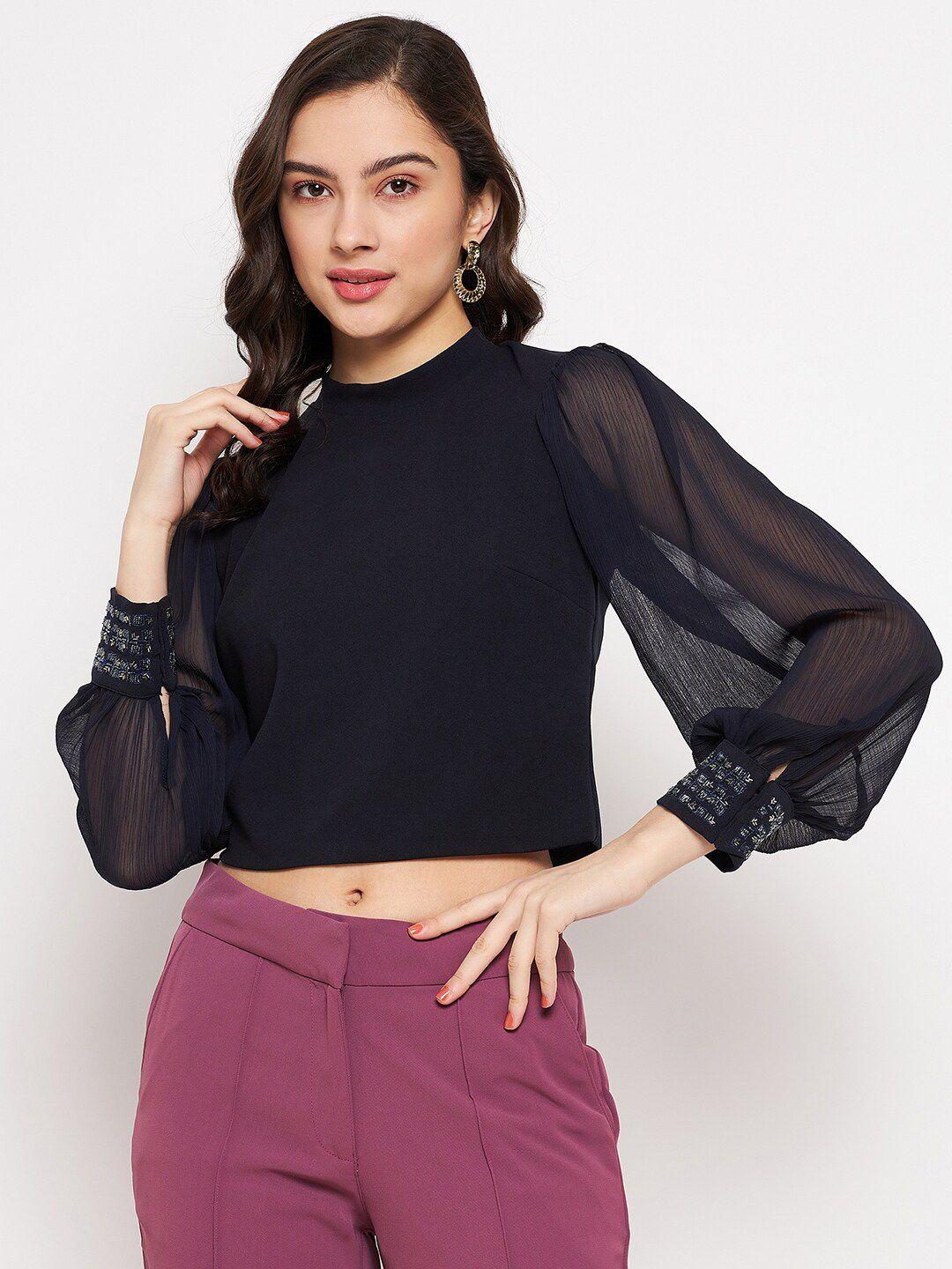 madame navy cuffed sleeves crop top