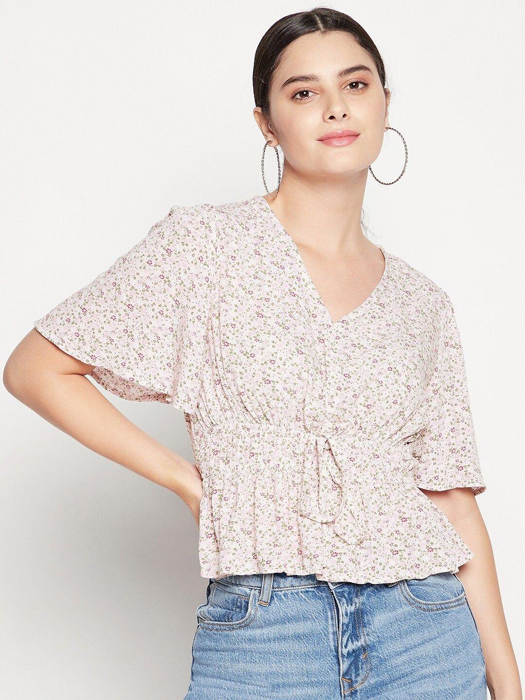 madame peach-coloured floral print cinched waist top