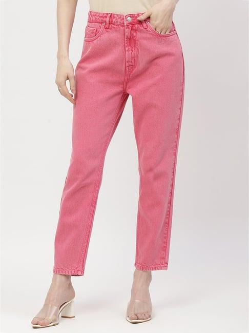 madame pink cotton regular fit mid rise jeans