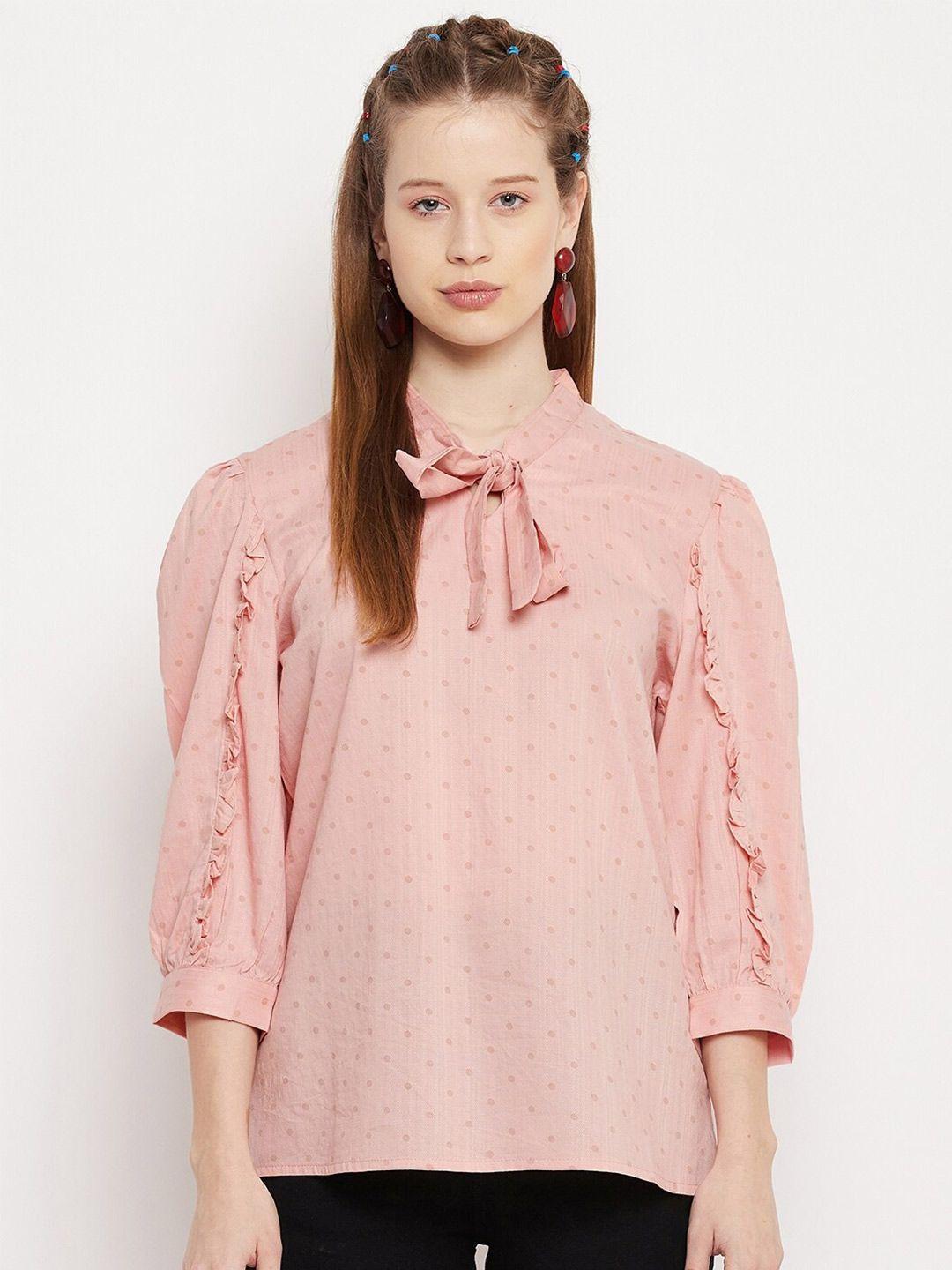 madame pink print tie-up neck ruffles top