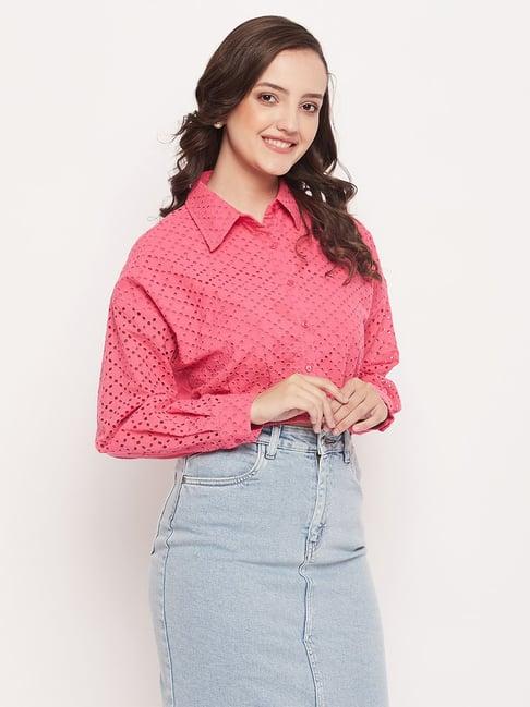 madame pink self design crop shirt