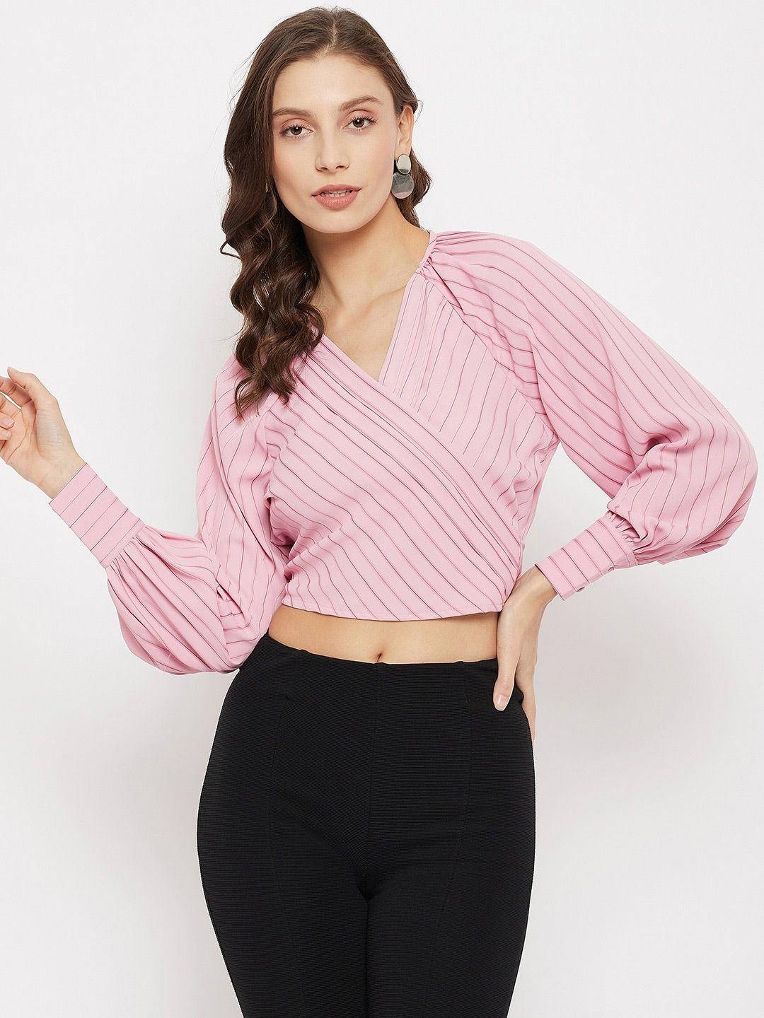 madame pink striped wrap tie up crop top