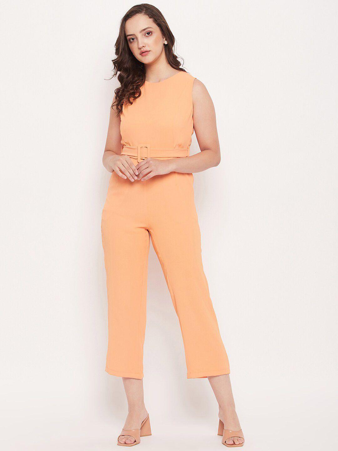 madame round neck sleeveless belted basic jumpsuit