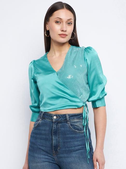 madame sea green embellished crop top