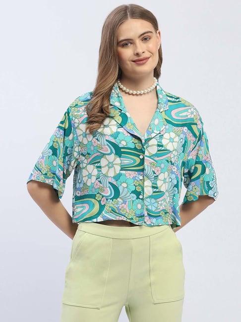 madame sea green floral print crop shirt